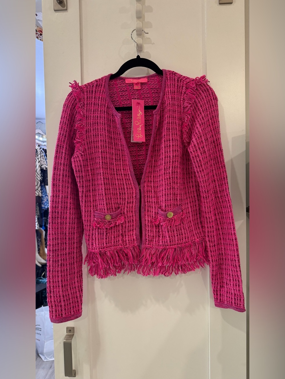 Lilly Pulitzer Vibrant Pink Fringe Tweed Jacket